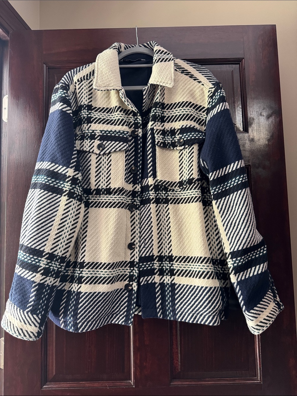Zara Navy & Cream Plaid Teddy Shacket